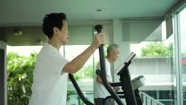 Asiatique Couple Aîné Exercice Dans Salle Gym Entourant Avec Verre — Video