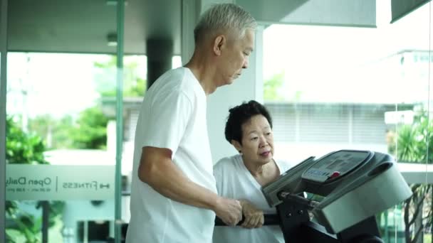 Азиатские Упражнения Пожилых Пар Тренажерном Зале Стеклом Природой — стоковое видео