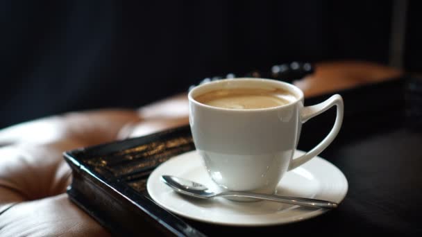 上午咖啡在托盘内部豪华房 真皮座椅 — 图库视频影像