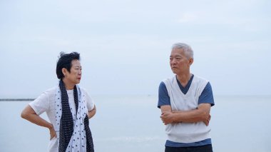 Asyalı yaşlı çift üzgün okyanus deniz Plajı'nda kavga