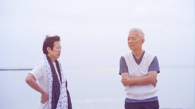 Asyalı yaşlı çift üzgün okyanus deniz Plajı'nda kavga