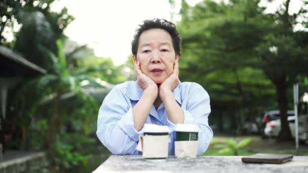 Asian Elderly Woman Waiting Coffee Park Alone — Stock Video