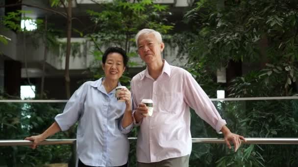 Asian Elderly Couple Enjoy Modern Green Architect Space Building — Stock Video