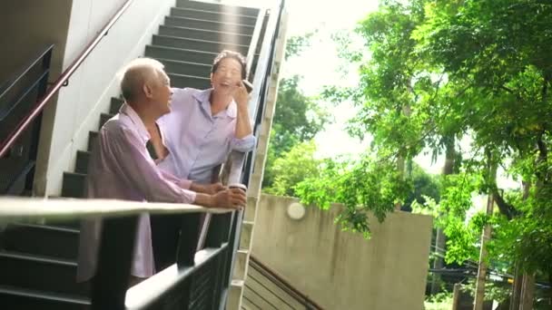 Asian Elderly Professional Couple Talking Outdoor Morning City Modern Building — Stock Video