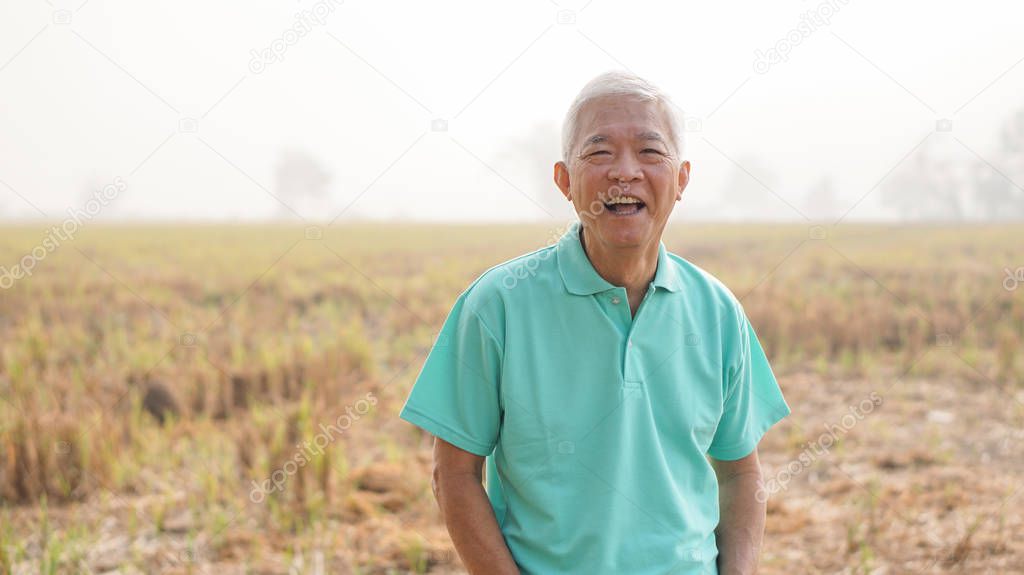 Smiling Asian elderly man own harvested rice field farm after retirement portrait