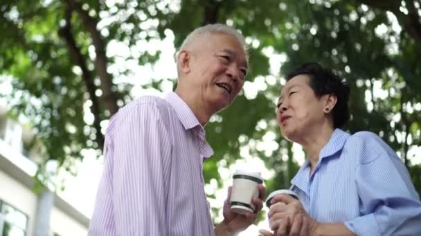 幸せなアジア高齢者カップル朝のコーヒーを飲みながら 話をしながら緑豊かな街で散歩 — ストック動画