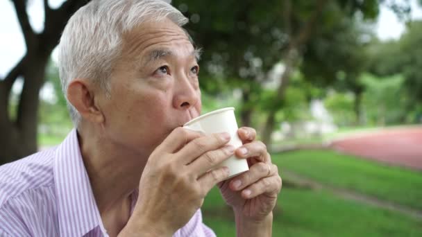 Asiático Senior Bebiendo Café Pensando Preocuparse Estrés Sobre Futuro — Vídeo de stock