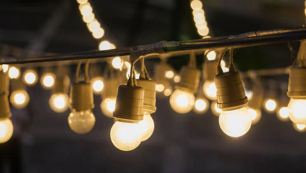 Festival Garland Light Bulbs Hanging Outdoor Shopping Area Copy Space — Stock Photo, Image