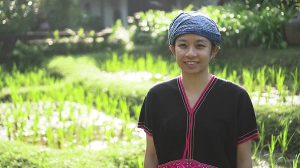 Asian Ethnic Woman Native Dress Smile Her Mornign Organic Rice — Stock Photo, Image