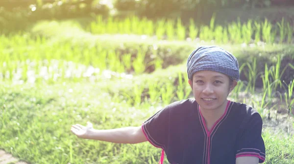 Asian ethnic woman with native dress smile at her mornign organic rice field