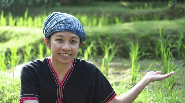 Asian Ethnic Woman Native Dress Smile Her Mornign Organic Rice — Stock Photo, Image