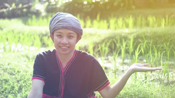 Asian Ethnic Woman Native Dress Smile Her Mornign Organic Rice — Stock Photo, Image