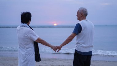 Asyalı yaşlı çift el beach okyanus doğarken tutun.