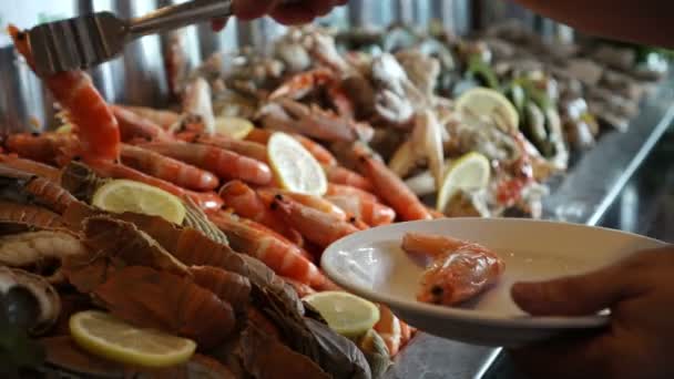 冷海鲜自助餐线手拿水煮虾4K — 图库视频影像