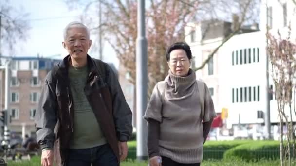 Asian Elderly Couple Walking Europe Park Happy Trip — Stock Video