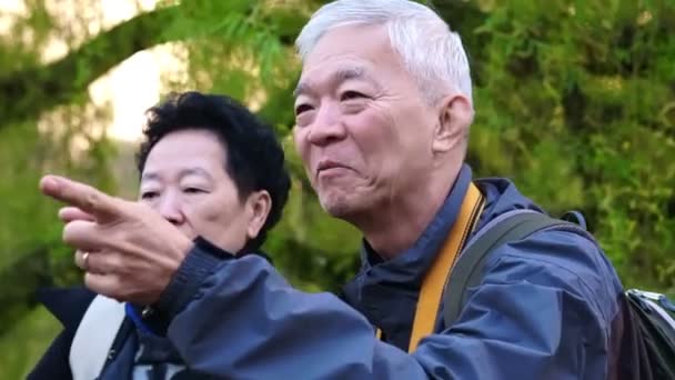 Aziatische Senior Paar Reizen Naar Europa Ochtend Park — Stockvideo