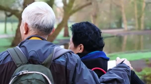 Asiatiska Senior Par Resa Till Europa Morgon Park — Stockvideo