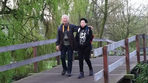 Ασιατισα Ζευγάρι Ανώτερος Ταξίδια Στην Ευρώπη Στο Πάρκο Πρωί — Αρχείο Βίντεο