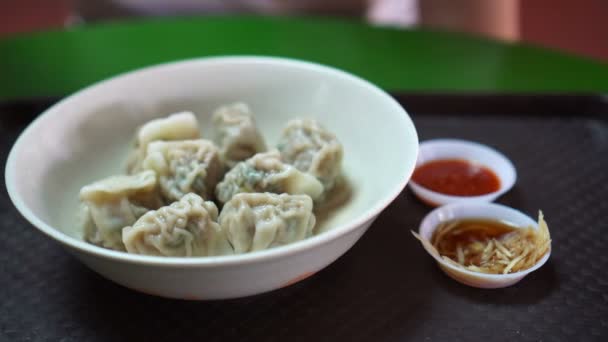 Dumplings Singapur Estilo Chino Con Salsa Jengibre Chile — Vídeos de Stock