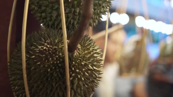 Bangkok, Thaiföld-8 június 2018: Durian értékesítési lógott a thaiföldi piacon népszerű trópusi gyümölcsök turisták — Stock videók