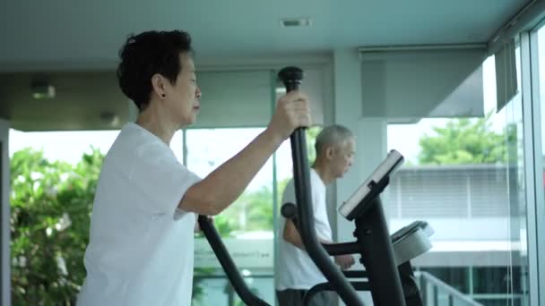 Asiático Senior Pareja Ejercicio Juntos Moderno Lujo Reacreation Wellness Gym — Vídeos de Stock