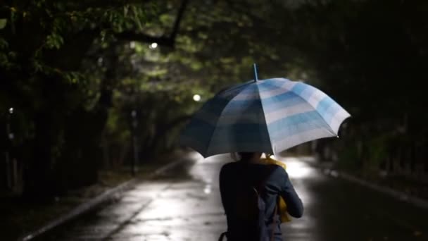 Žena Modrá Bílá Deštník Kráčí Domů Sám Noci — Stock video