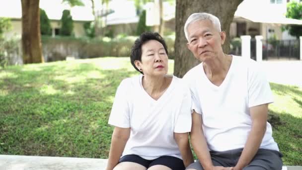 Asiático Senior Pareja Charlando Agradable Barrio Parque Cómodo Sala Estar — Vídeos de Stock