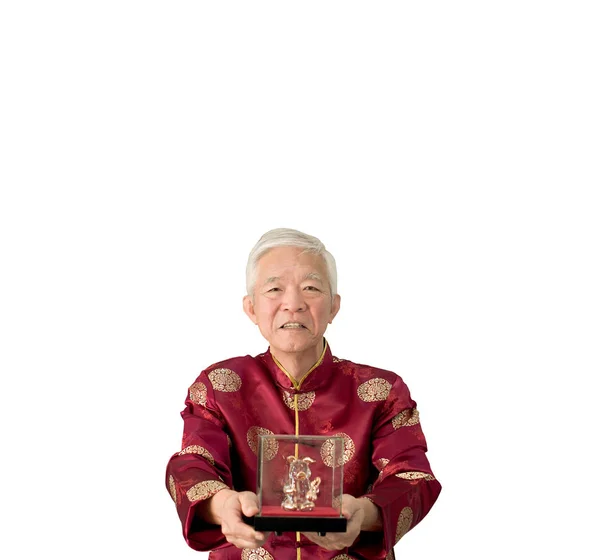 Asya yaşlı adam Çin yeni yıl bo için altın domuz heykel vermek — Stok fotoğraf