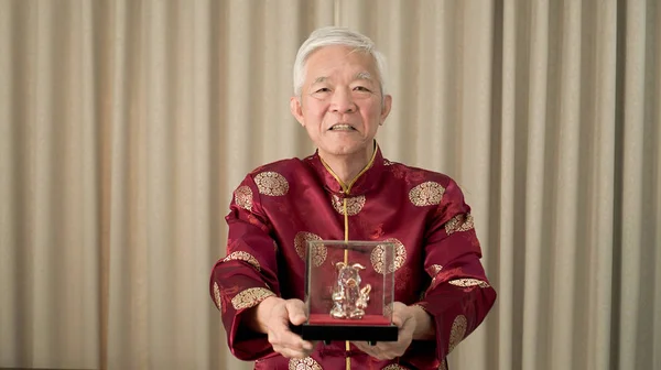 Ásia sênior homem dar ouro porco escultura para chinês novo ano bo — Fotografia de Stock