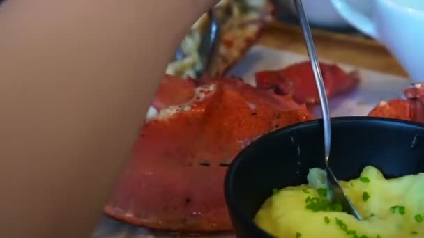 Hand Size Lobster Claw Photo Eating Social Trend — Stock Video