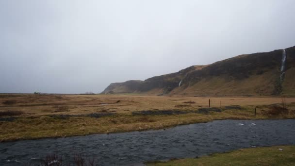 Dry River Cliff Water Fall Landscape Iceland — Stock Video
