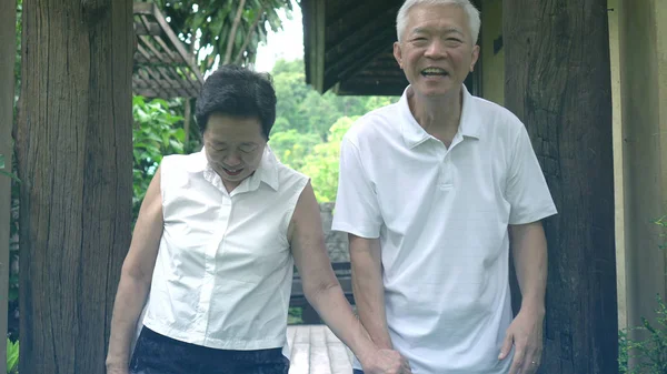 Aziatische Senior paar glimlachend gelukkig in groene boom achtergrond — Stockfoto