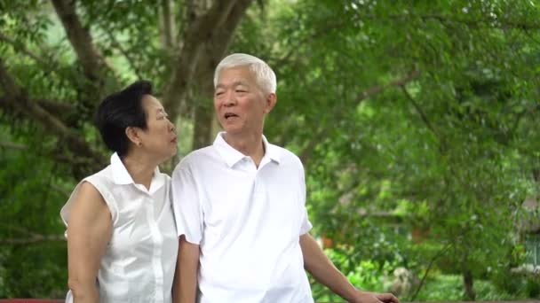 Asiática Senior Pareja Sonriendo Feliz Verde Árbol Fondo — Vídeos de Stock