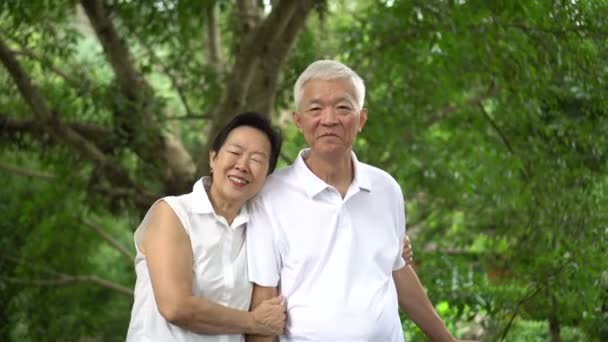 亚洲老年夫妇微笑快乐绿树背景 — 图库视频影像