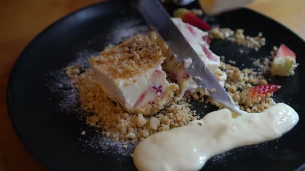 Découpe Gâteau Fromage Framboise Congelé Style Rustique Avec Croûte — Video