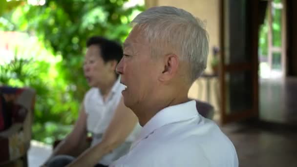 Eldery Aziatische Paar Leuk Gesprek Opknoping Met Vrienden — Stockvideo