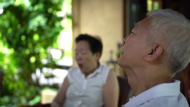 Ältere Asiatische Paar Spaß Gespräch Hängen Mit Freunden — Stockvideo