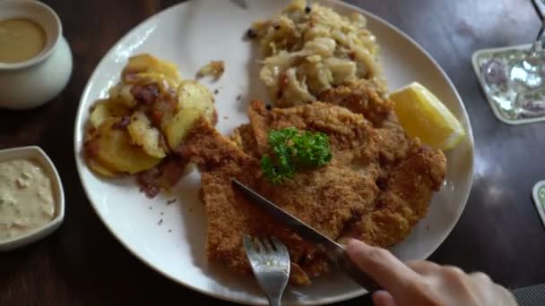 Mangiare Carne Maiale Schnitzel Austria Cucina Carne Pastellata Con Crauti — Video Stock