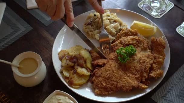 Pojídáním Vepřového Schnitzela Rakouská Kuchyně Maso Sauerkraut Bramborami — Stock video