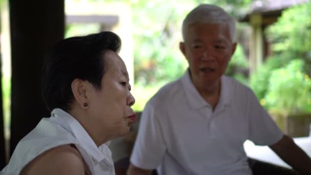 Asiática Senior Anciano Pareja Teniendo Conversación Con Amigos — Vídeo de stock