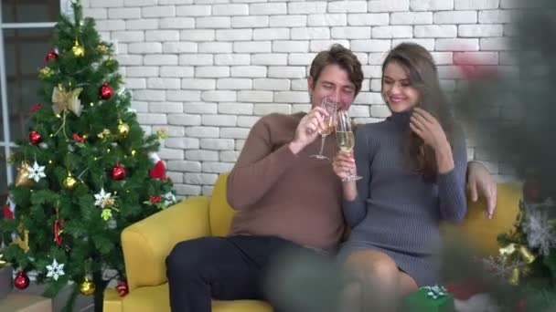 Ευτυχισμένο Λευκό Ζευγάρι Που Πίνει Χριστουγεννιάτικη Γιορτή — Αρχείο Βίντεο