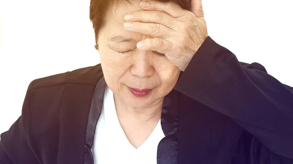 Stres Wyraz Twarzy Azji Senior Businesswoman Radzenia Sobie Problemami — Zdjęcie stockowe