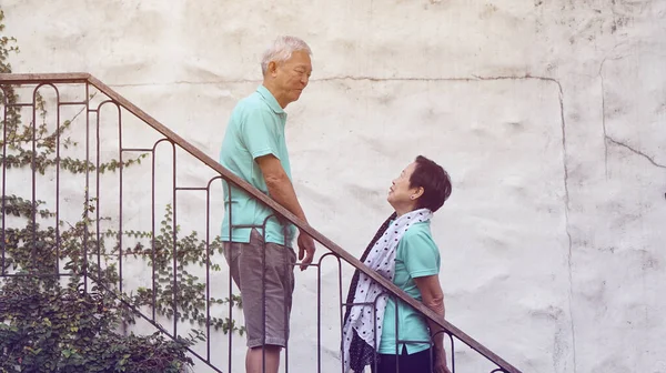 Asyalı Yaşlı Çift Için Iyi Tatiller Yeşil Sarmaşıklı Tahta Merdivenler — Stok fotoğraf