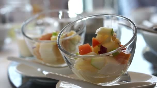 Chinese Dessert Cold Soybean Curd Tofu Pudding Tropical Fruits Topping — Stock Video