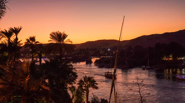 Banco Rio Nilo Egito Pôr Sol Céu Laranja Palmeira Com — Fotografia de Stock