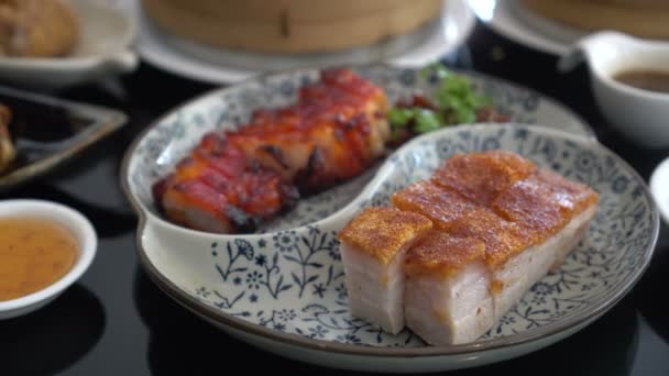 Pałeczki Jedzące Miód Grill Wieprzowina Chrupiące Hong Kong Cantonese Tradycyjnej — Wideo stockowe