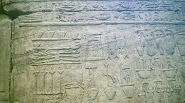 Edfu HOrus tapınağında Mısır hiyeroglifleri bol yiyecek kaynaklarını, mısır üzümü kültürünü, mutfak kaplarını ve kavanozları gösteriyor.