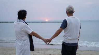 Asyalı yaşlı çift el ele tutuşup gün batımı okyanusunu seyrediyor. Mutlu emeklilik hayatı.