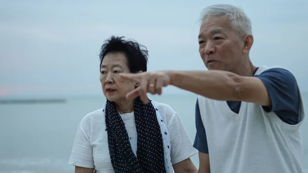 Asiatiska Äldre Par Håller Händer Ser Solnedgången Havet Tillsammans Lycklig — Stockfoto