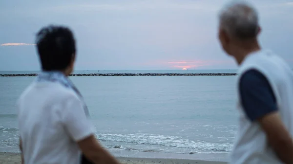 Asian Elder Senior Couple Holding Hands Looking Sunset Sea Ocean — Stock Photo, Image